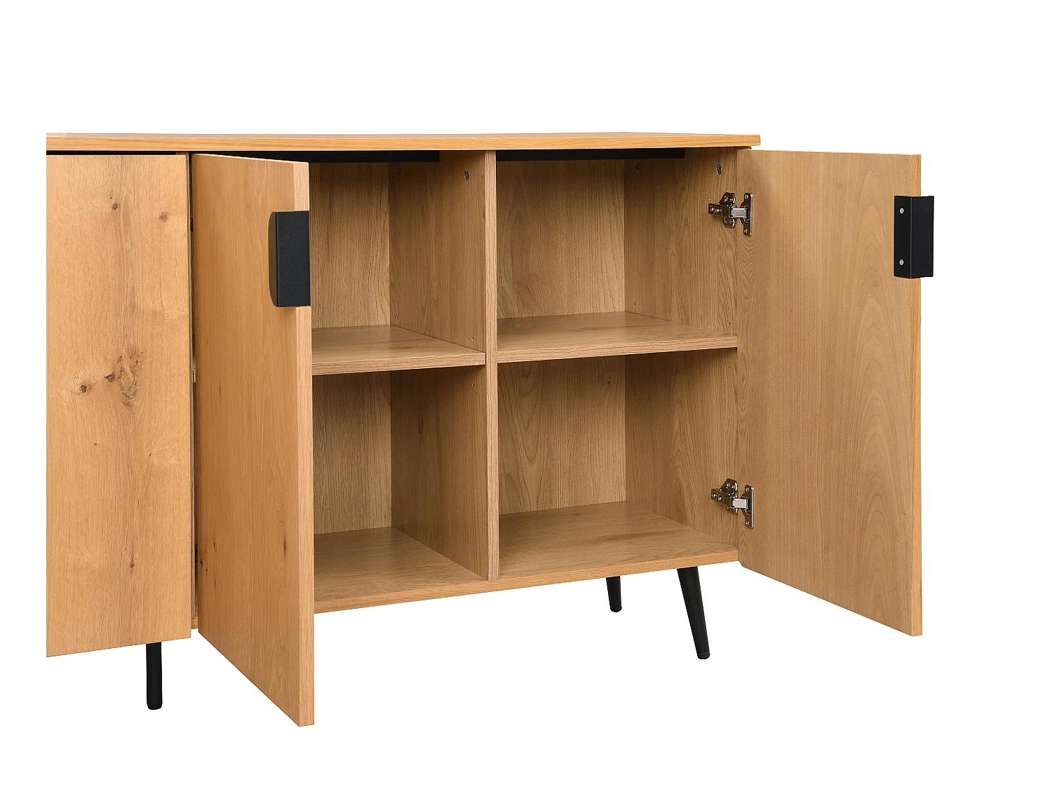 Aparador con 4 puertas chapadas en roble y acero - Roble Natural y Negro - SINOLO