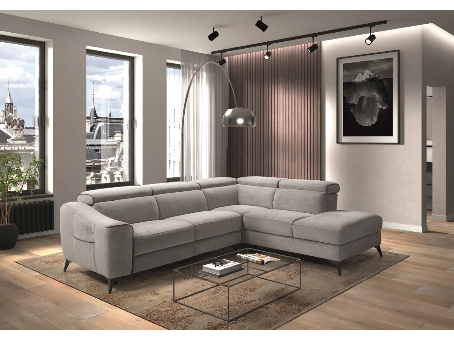 Canapé d'angle 1 relax électrique avec coffre couleur Gris clair angle à droite