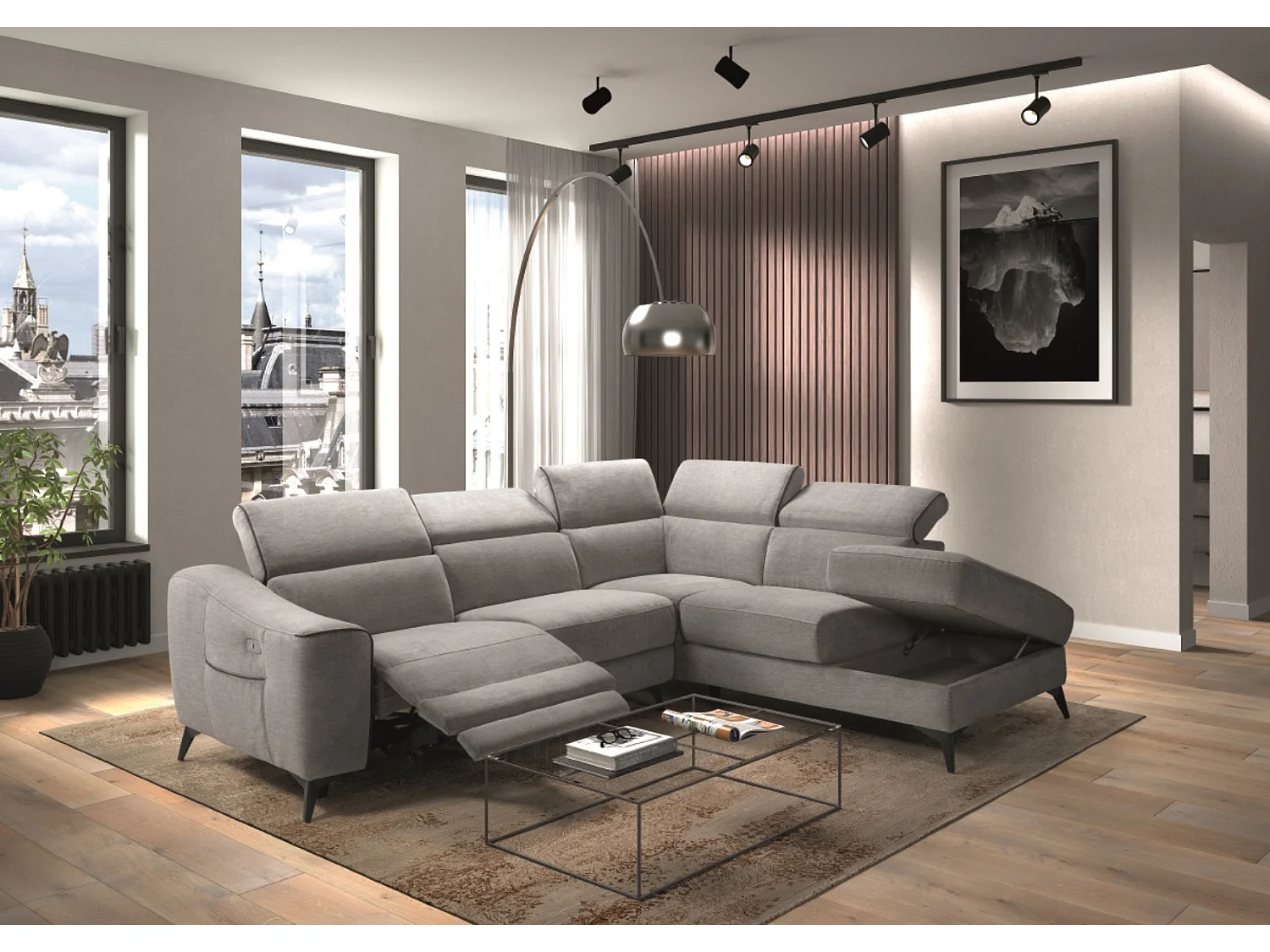 Canapé d'angle 1 relax électrique avec coffre couleur Gris clair angle à droite