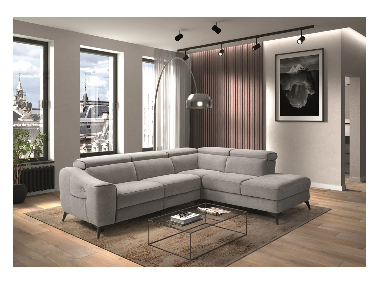 Canapé d'angle 1 relax électrique avec coffre couleur Gris clair angle à droite