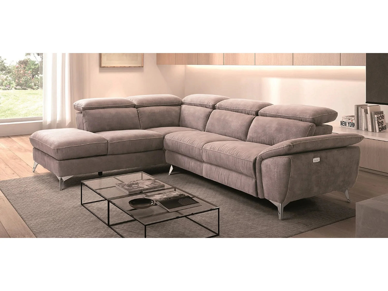 Canapé d'angle 1 relax électrique avec coffre couleur Gris clair angle à gauche