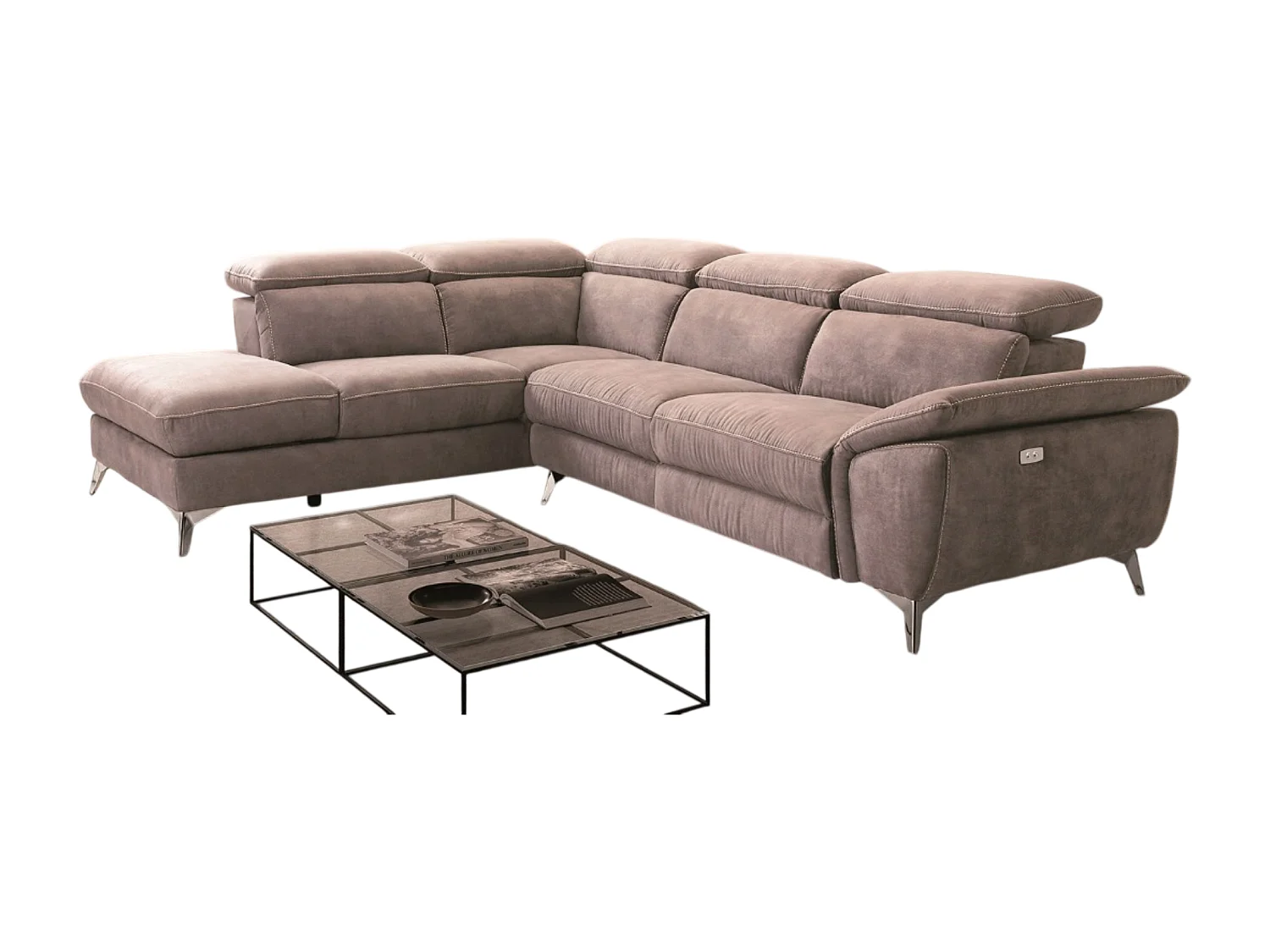 Canapé d'angle 1 relax électrique avec coffre couleur Gris clair angle à gauche