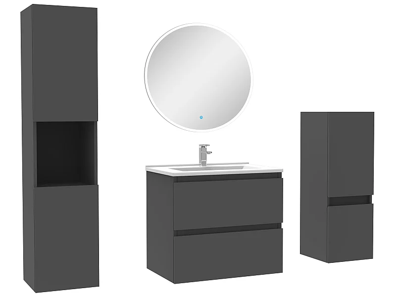 Ensemble meubles Salle de Bain 60cm simple vasque + colonne + miroir rond mural Anthracite