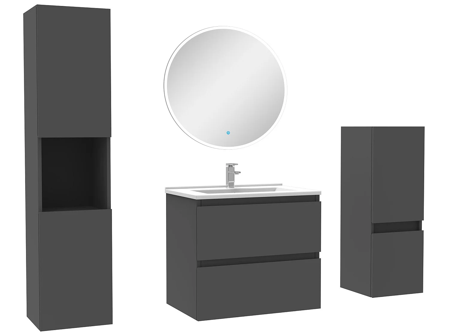 Ensemble meubles Salle de Bain 60cm simple vasque + colonne + miroir rond mural Anthracite