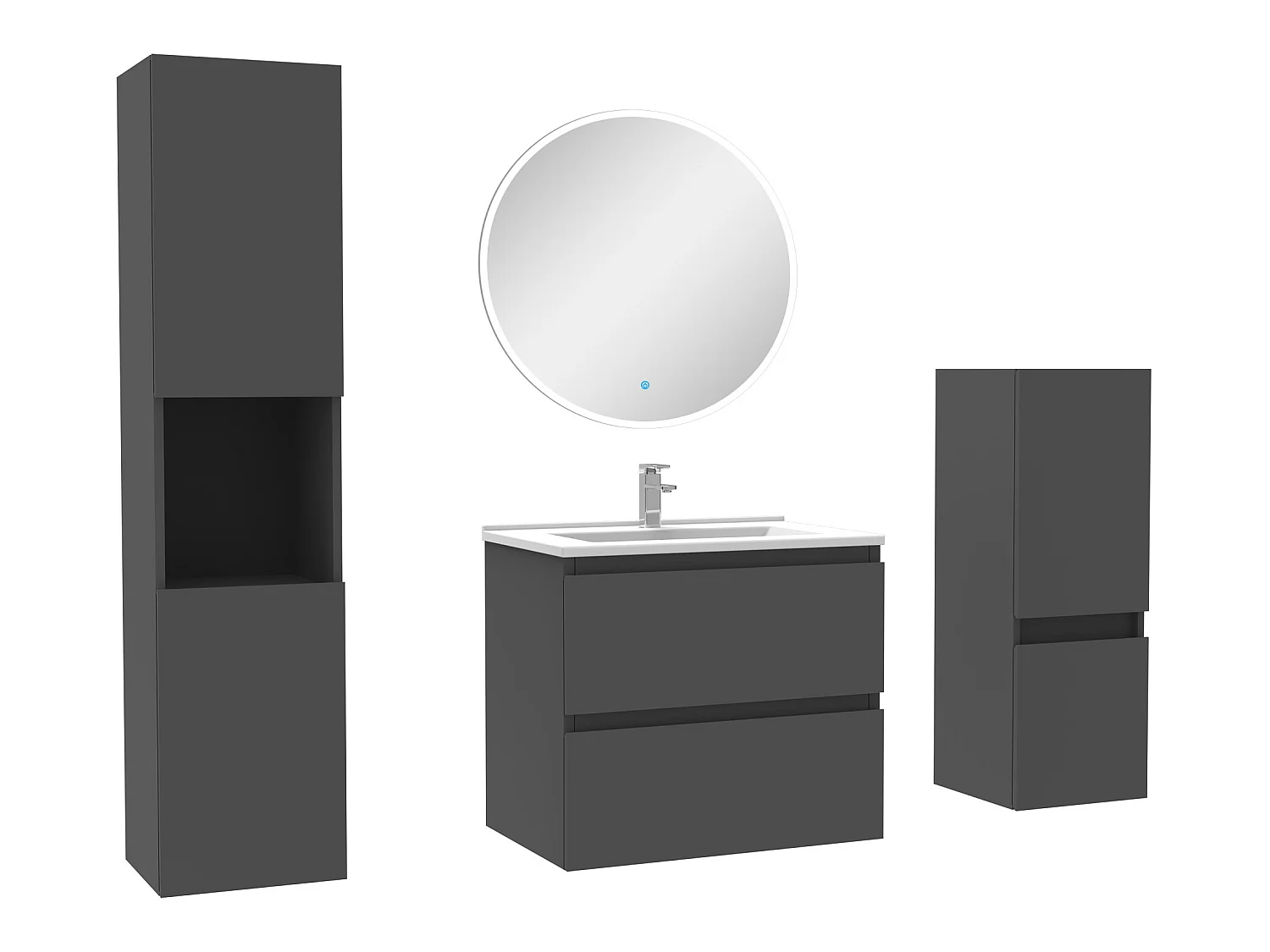Ensemble meubles Salle de Bain 60cm simple vasque + colonne + miroir rond mural Anthracite