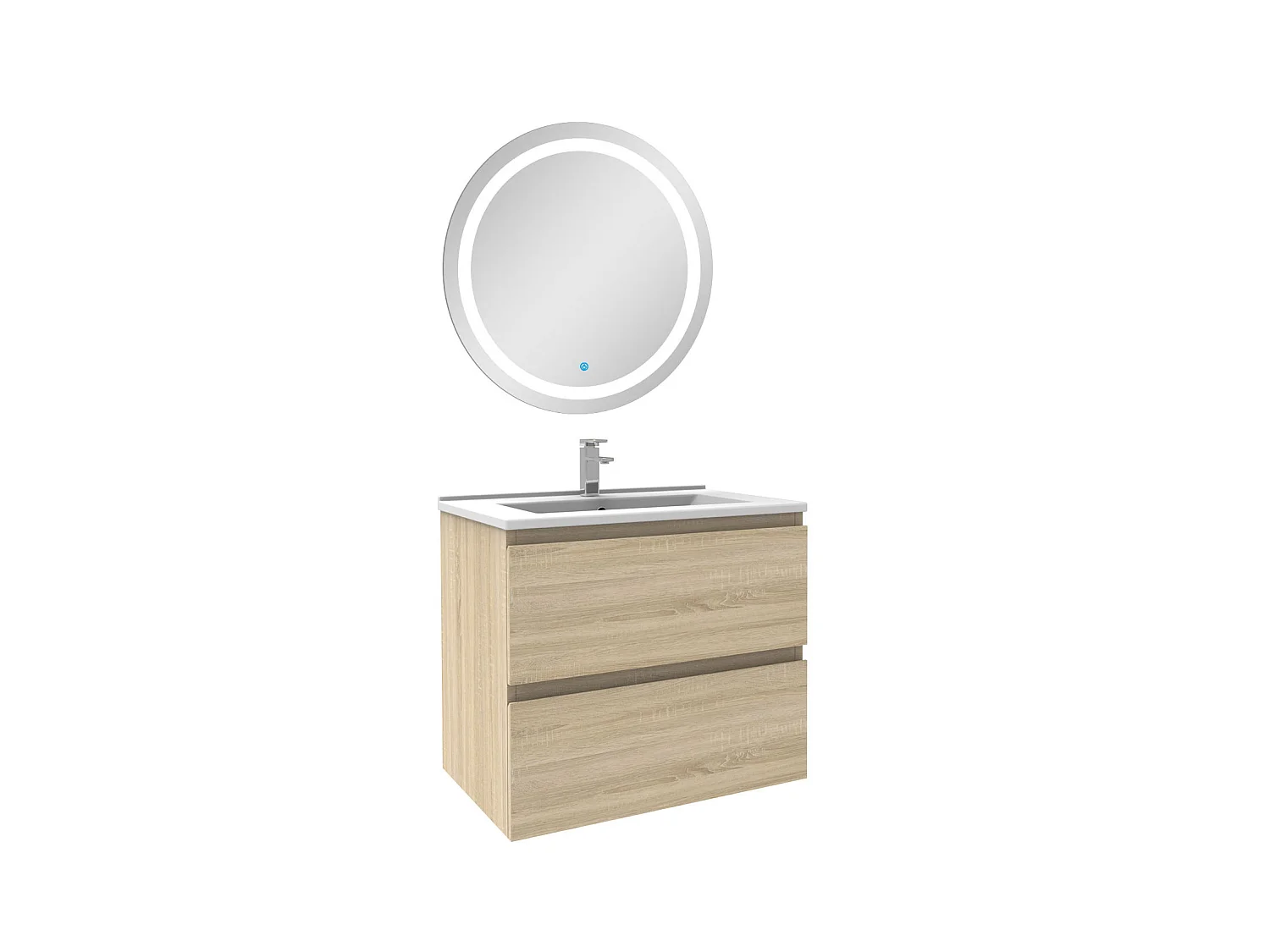 Ensemble meuble Salle de Bain 60cm Chêne Wotan simple vasque + miroir lumineux rond