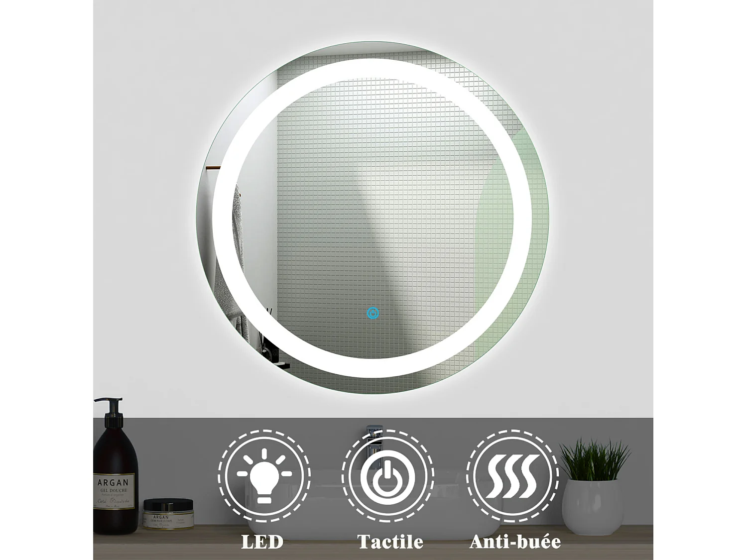 Ensemble meuble Salle de Bain 60cm Chêne Wotan simple vasque + miroir lumineux rond