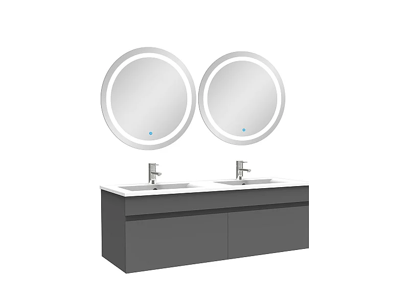 Ensemble meubles Salle de Bain double vasque 120cm + rond miroir lumineux Anthracite