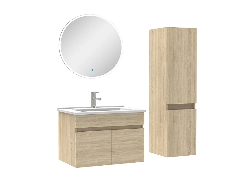Ensemble Salle De Bain simple vasque avec colonne et miroir rond 60cm meuble Chêne Wotan