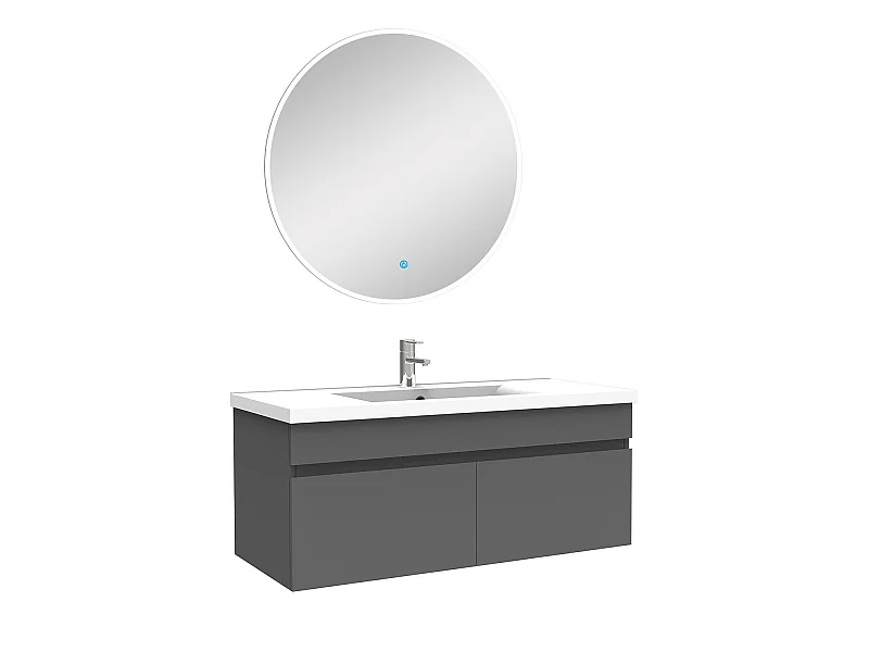 Ensemble meubles Salle de Bain simple vasque 100cm + miroir rond lumineux Anthracite