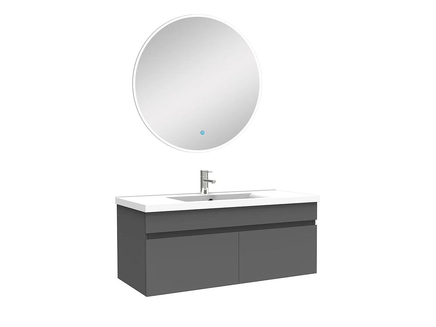 Ensemble meubles Salle de Bain simple vasque 100cm + miroir rond lumineux Anthracite