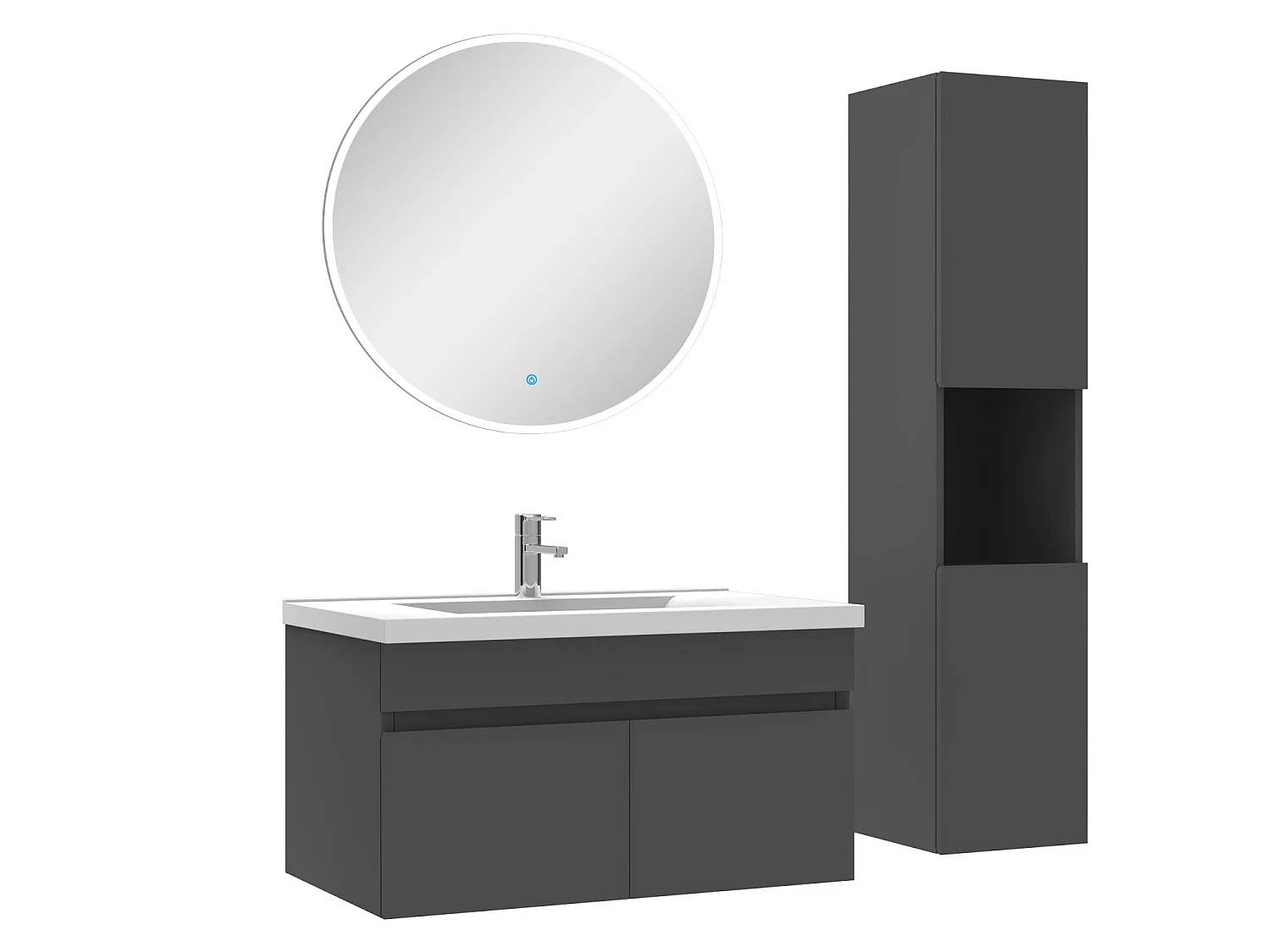 Ensemble Salle De Bain avec colonne et miroir rond 80cm meuble Anthracite