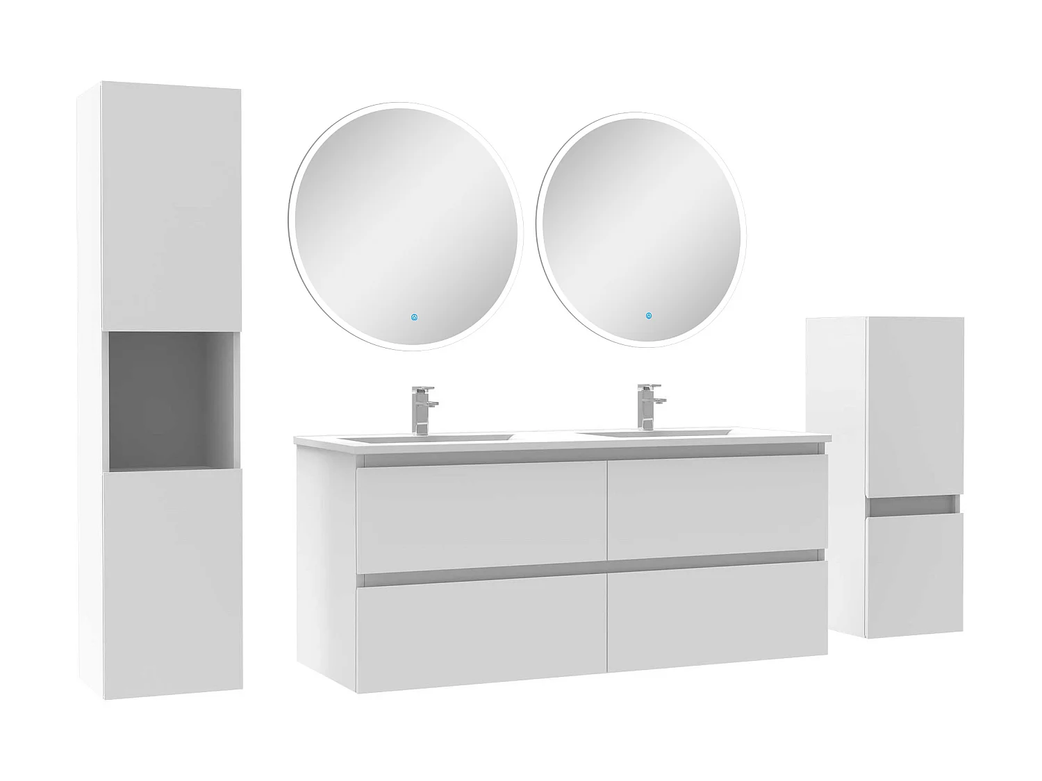 Ensemble meubles Salle de Bain 120cm double vasque + colonne + miroir rond mural Blanc