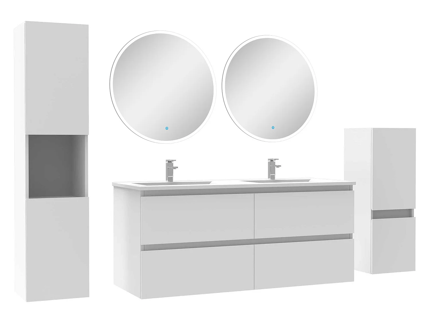 Ensemble meubles Salle de Bain 120cm double vasque + colonne + miroir rond mural Blanc