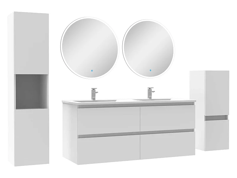 Ensemble meubles Salle de Bain 120cm double vasque + colonne + miroir rond mural Blanc