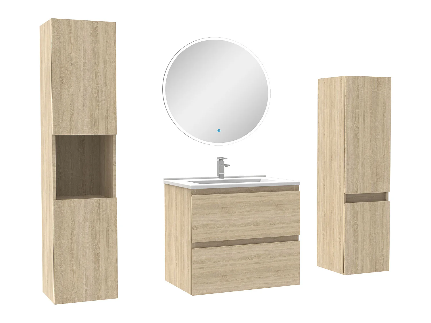Ensemble meubles Salle de Bain 60cm vasque + colonne + miroir rond mural Chêne Wotan