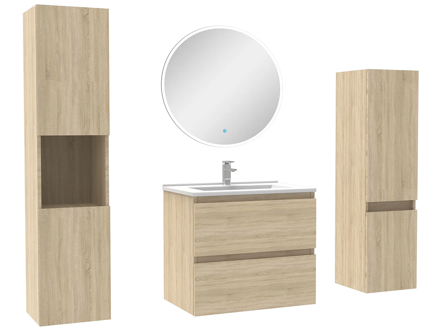 Ensemble meubles Salle de Bain 60cm vasque + colonne + miroir rond mural Chêne Wotan