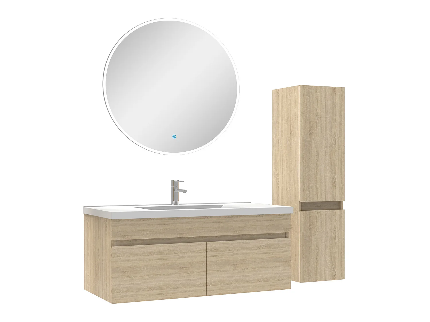 Ensemble Salle De Bain simple vasque avec colonne et miroir rond 100cm meuble Chêne Wotan