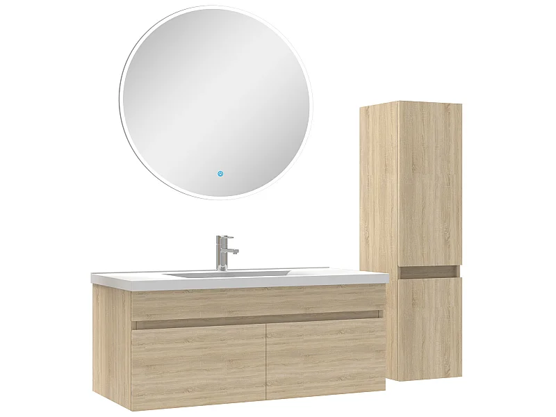 Ensemble Salle De Bain simple vasque avec colonne et miroir rond 100cm meuble Chêne Wotan