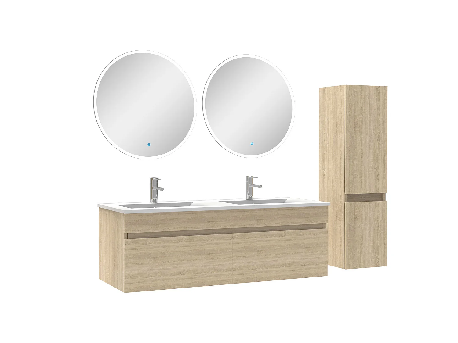 Ensemble Salle De Bain double vasque avec colonne et miroir rond 120cm meuble Chêne Wotan