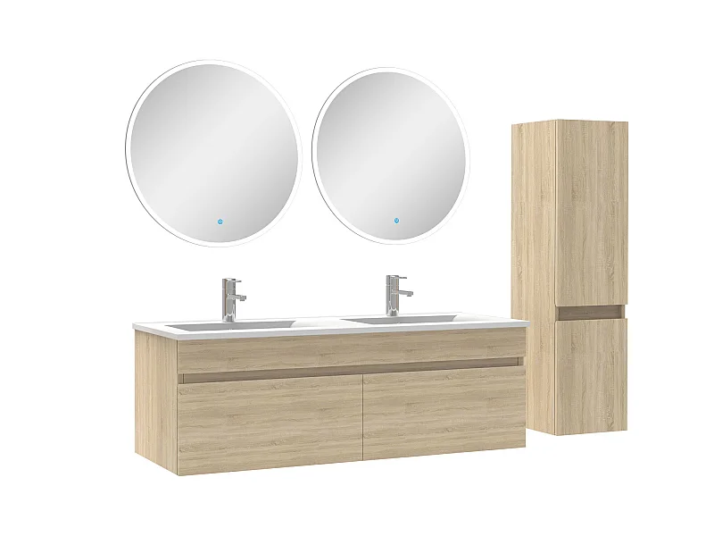 Ensemble Salle De Bain double vasque avec colonne et miroir rond 120cm meuble Chêne Wotan