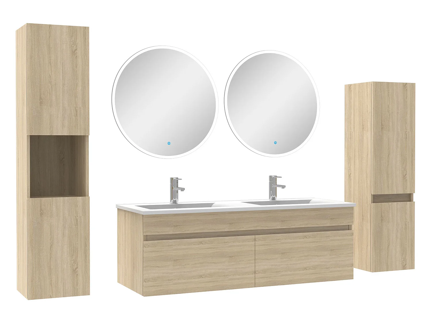 Meuble Salle de Bain Chêne Wotan 120cm double vasque + colonne + miroir rond LED