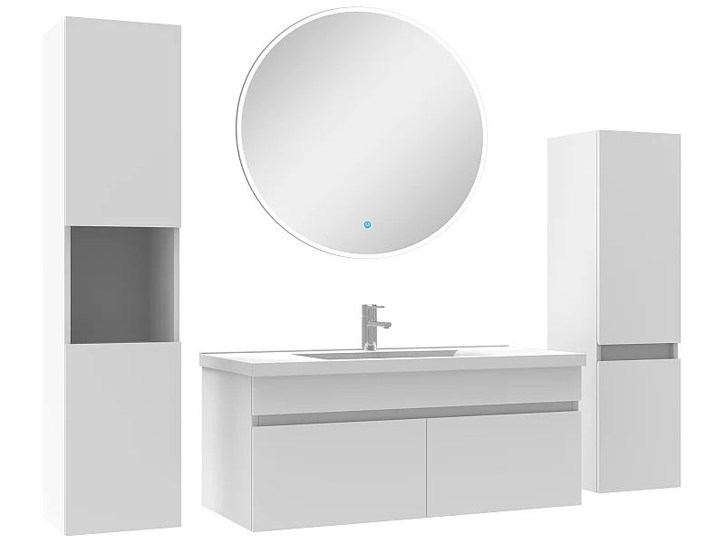 Meuble Salle de Bain Blanc 100cm simple vasque + colonne + miroir rond LED