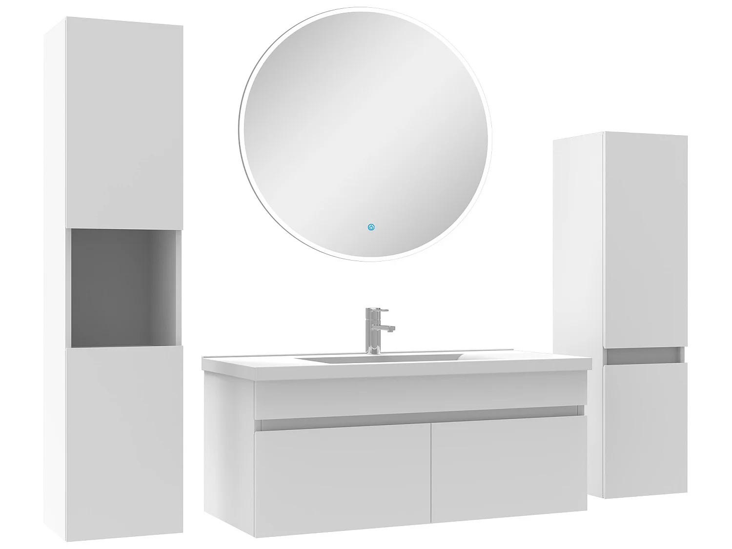 Meuble Salle de Bain Blanc 100cm simple vasque + colonne + miroir rond LED