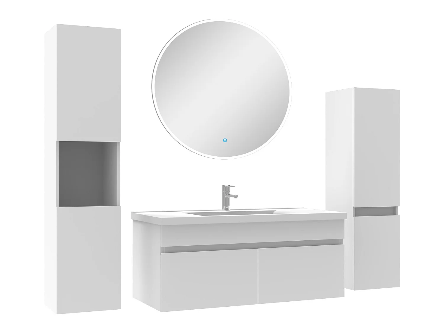 Meuble Salle de Bain Blanc 100cm simple vasque + colonne + miroir rond LED