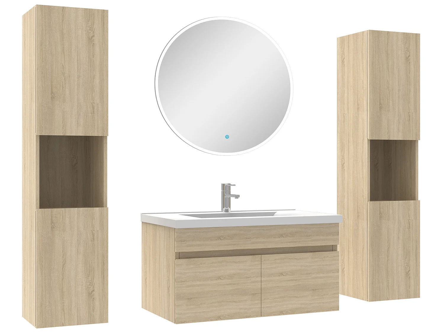 Ensemble meubles Salle de Bain simple vasque 80cm, colonnex2 et miroir rond Chêne Wotan