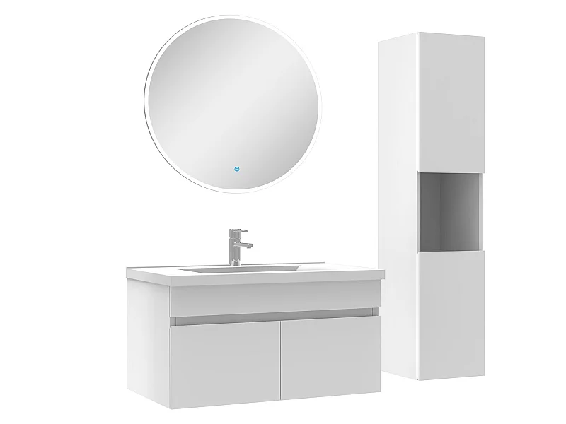 Ensemble Salle De Bain avec colonne et miroir rond 80cm meuble blanc