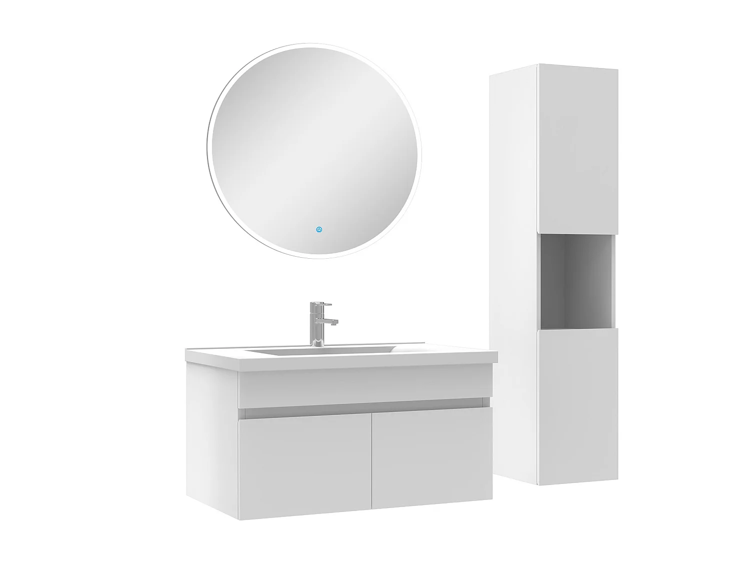 Ensemble Salle De Bain avec colonne et miroir rond 80cm meuble blanc