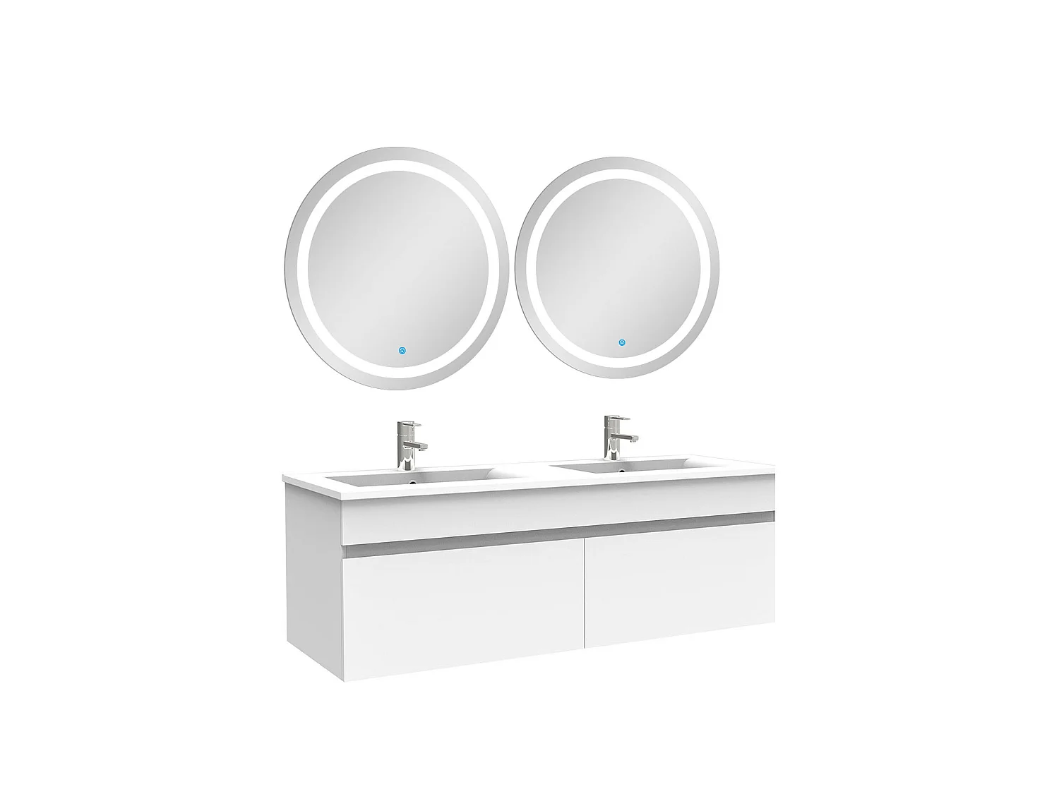 Ensemble meubles Salle de Bain double vasque 120cm + rond miroir lumineux Blanc