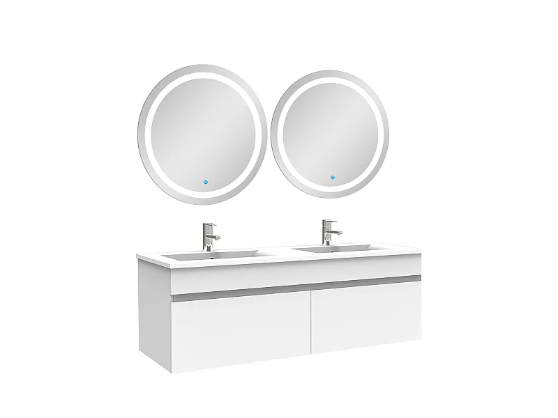 Ensemble meubles Salle de Bain double vasque 120cm + rond miroir lumineux Blanc
