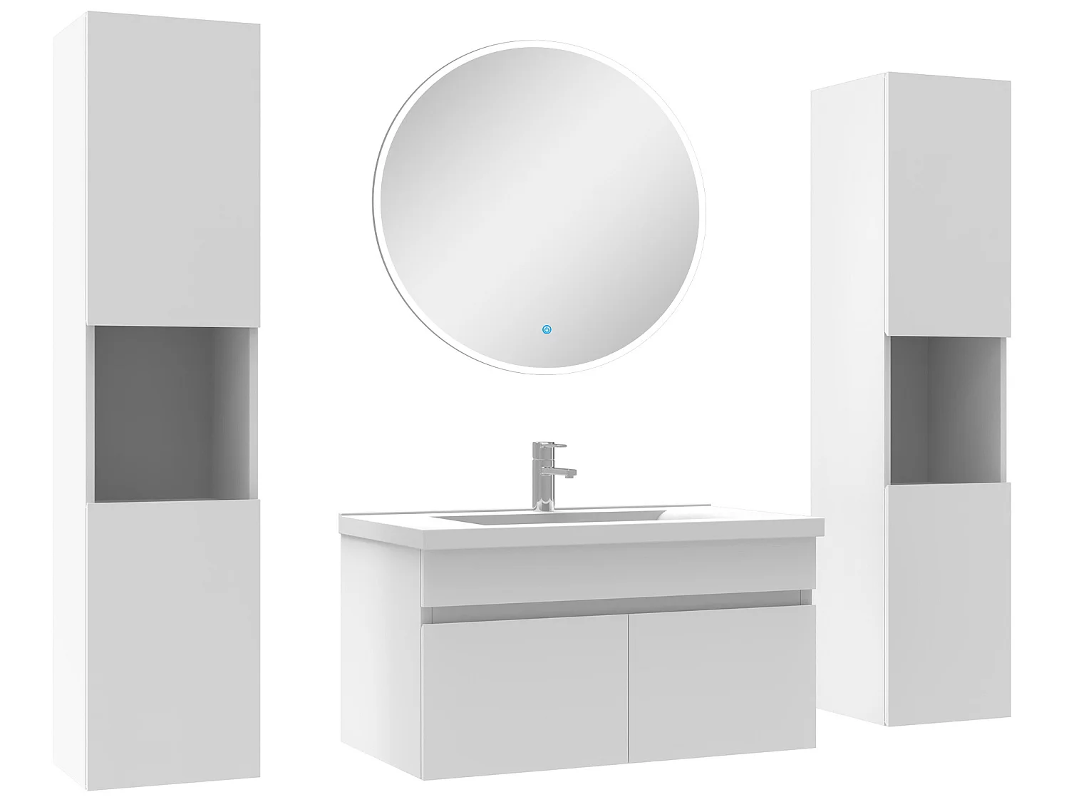 Ensemble meubles Salle de Bain simple vasque 80cm, colonnex2 et miroir rond Blanc