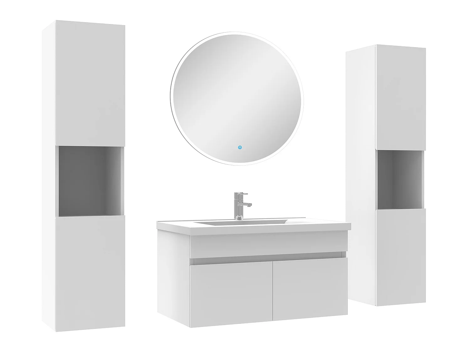 Ensemble meubles Salle de Bain simple vasque 80cm, colonnex2 et miroir rond Blanc