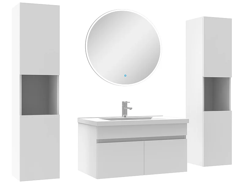 Ensemble meubles Salle de Bain simple vasque 80cm, colonnex2 et miroir rond Blanc