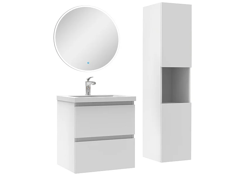 Ensemble meubles simple vasque 50cm,colonne + miroir rond lumineux Blanc
