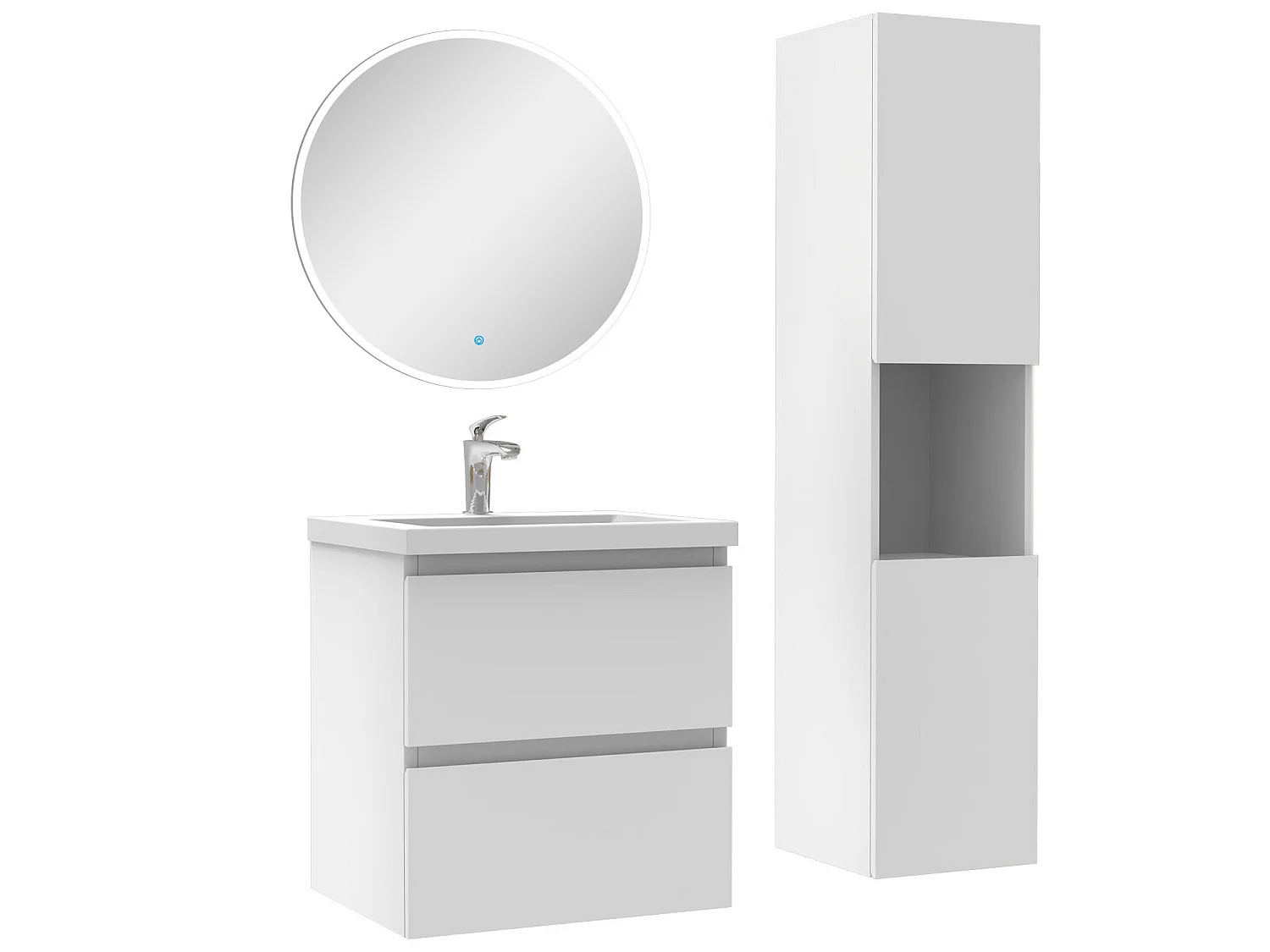 Ensemble meubles simple vasque 50cm,colonne + miroir rond lumineux Blanc
