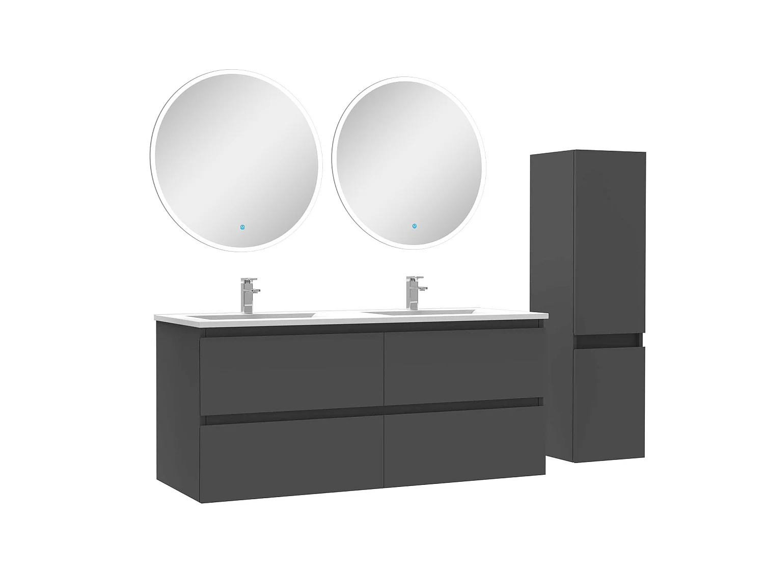 Ensemble meubles Salle de Bain 120cm vasque + colonne + miroir rond lumineux Anthracite