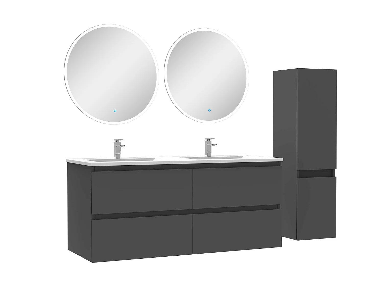 Ensemble meubles Salle de Bain 120cm vasque + colonne + miroir rond lumineux Anthracite
