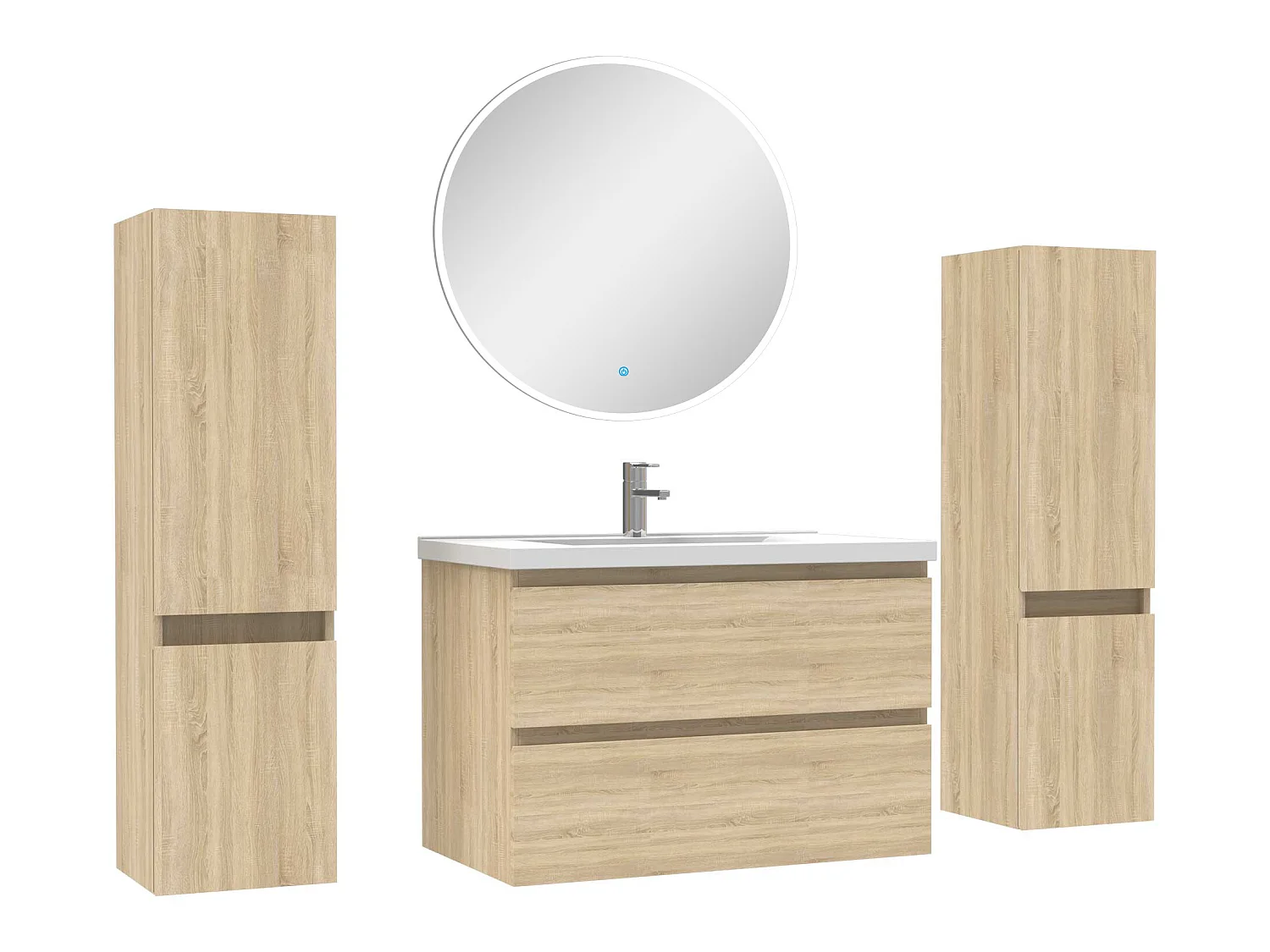 Ensemble meubles Salle de Bain avec colonne + miroir rond mural 80cm meuble Chêne Wotan
