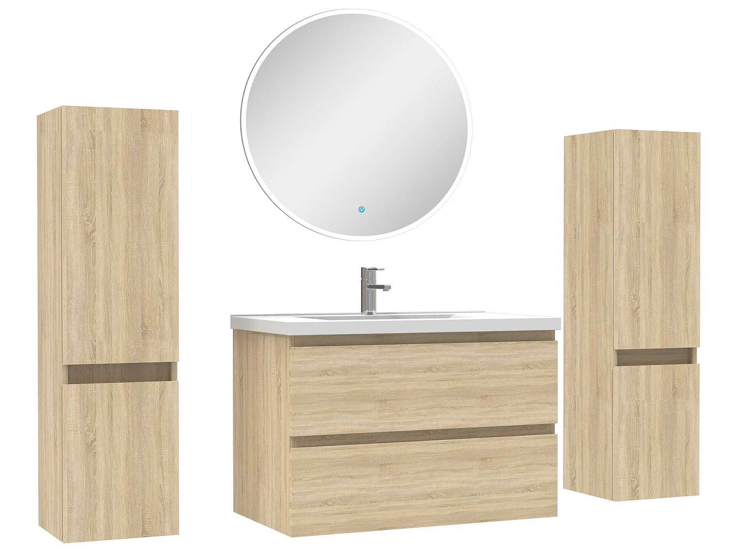 Ensemble meubles Salle de Bain avec colonne + miroir rond mural 80cm meuble Chêne Wotan