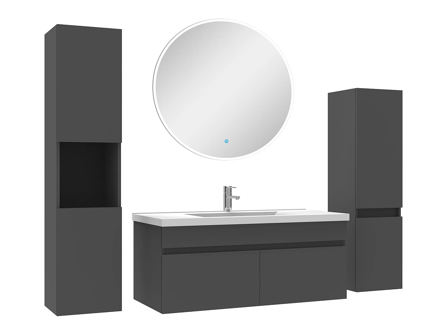 Meuble Salle de Bain Anthracite 100cm simple vasque + colonne + miroir rond LED