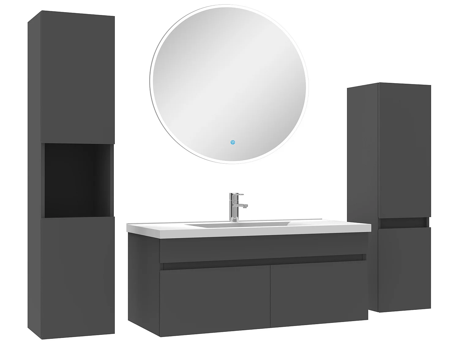 Meuble Salle de Bain Anthracite 100cm simple vasque + colonne + miroir rond LED