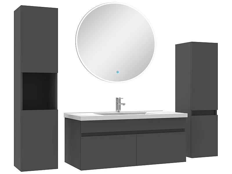 Meuble Salle de Bain Anthracite 100cm simple vasque + colonne + miroir rond LED