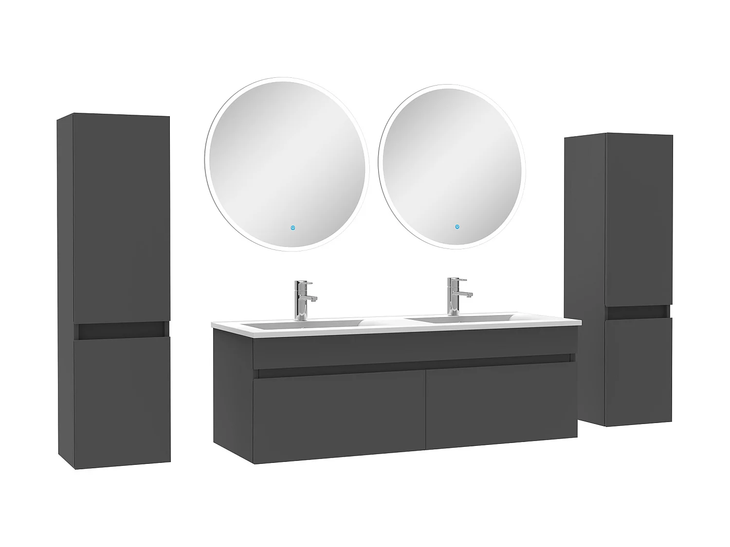 Ensemble meubles Salle de Bain double vasque 120cm, colonnex2 + miroir rond Anthracite
