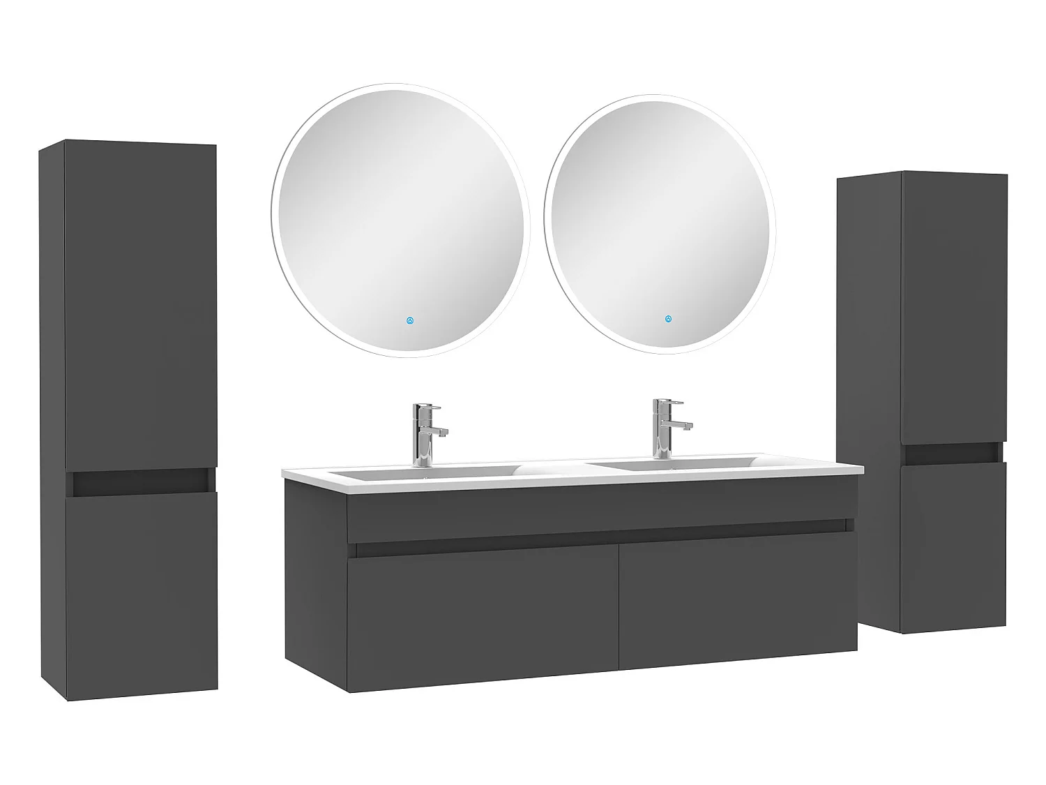 Ensemble meubles Salle de Bain double vasque 120cm, colonnex2 + miroir rond Anthracite