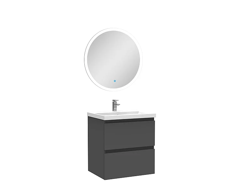 Ensemble meuble Salle de Bain Anthracite 50cm simple vasque + miroir lumineux rond