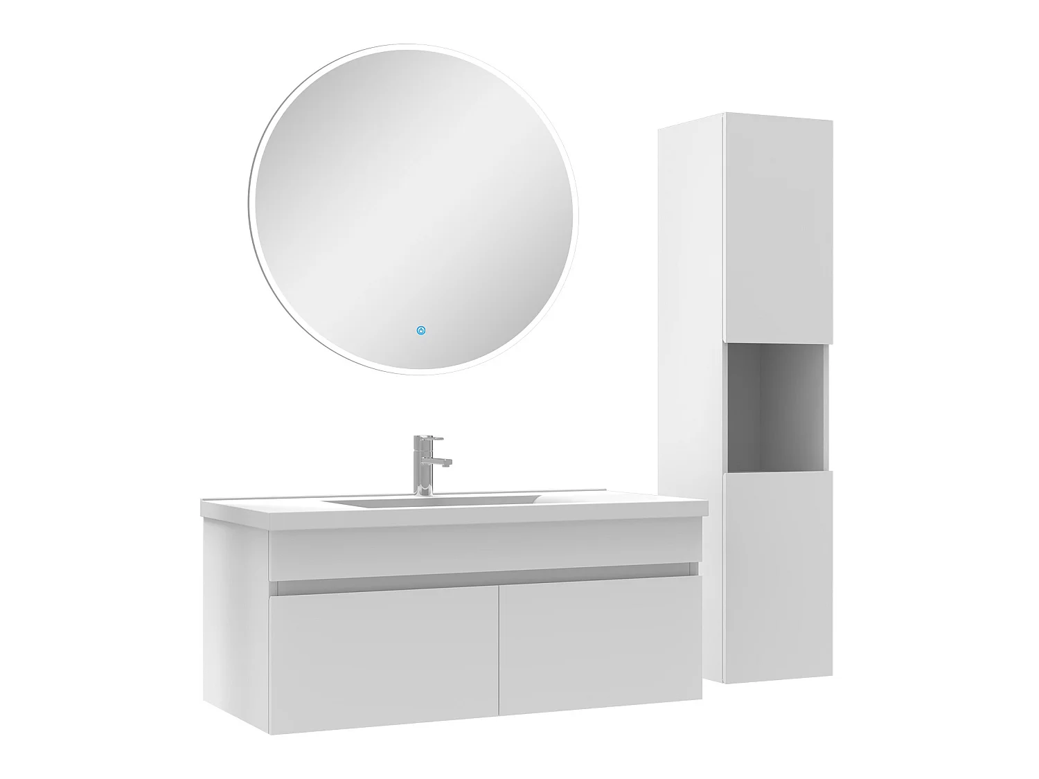 Ensemble Salle De Bain avec colonne et miroir rond 100cm meuble blanc